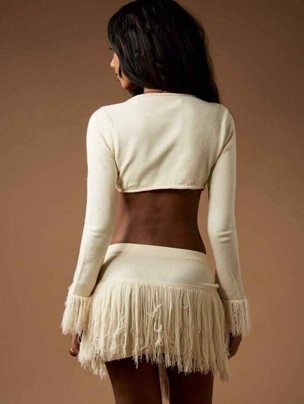 MISSGUIDED Fringe Knit Crop Top And Mini Skirt Co Ord