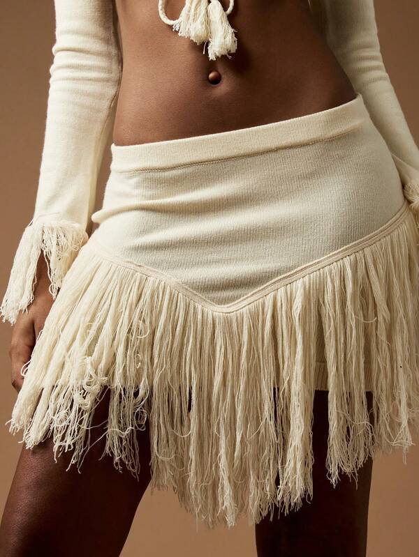 MISSGUIDED Fringe Knit Crop Top And Mini Skirt Co Ord