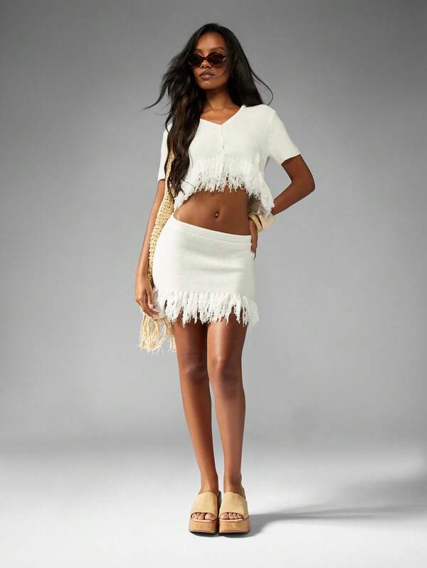 MISSGUIDED Fringed Knit Crop Top And Mini Skirt Set