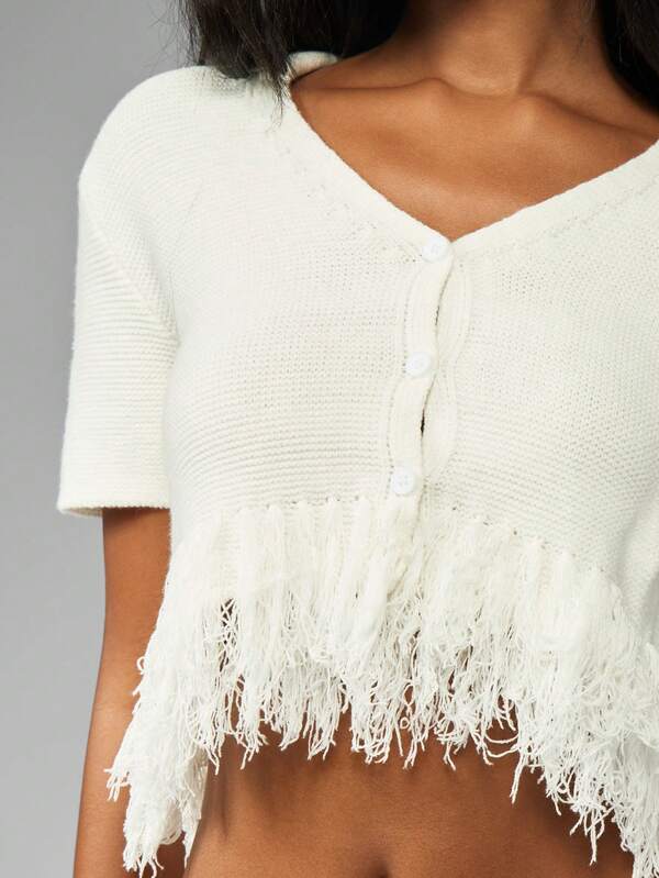 MISSGUIDED Fringed Knit Crop Top And Mini Skirt Set