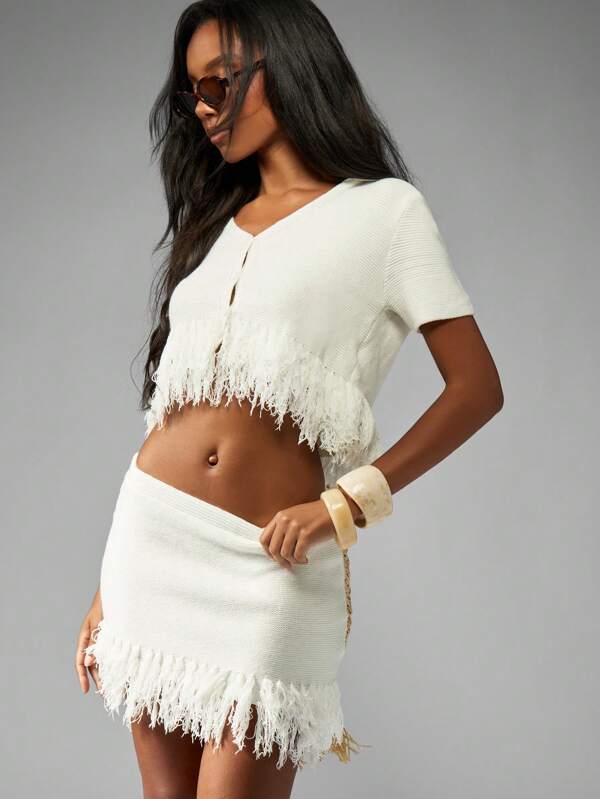 MISSGUIDED Fringed Knit Crop Top And Mini Skirt Set