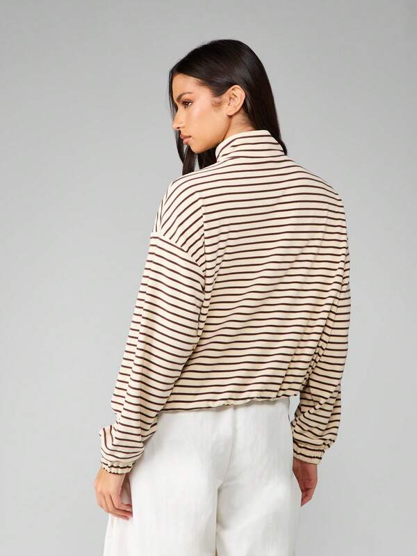 MISSGUIDED Full Zip Mock Neck Striped Fleece Sweatshirt With Elastic Cuffs