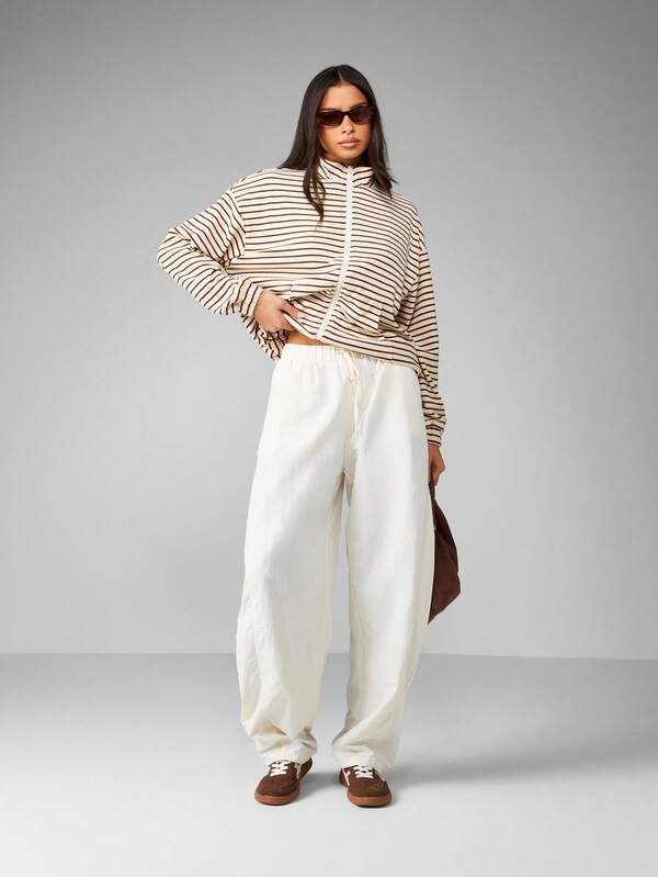 MISSGUIDED Full Zip Mock Neck Striped Fleece Sweatshirt With Elastic Cuffs