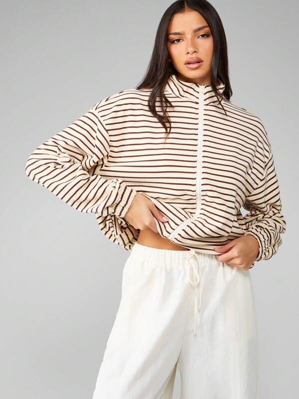 MISSGUIDED Full Zip Mock Neck Striped Fleece Sweatshirt With Elastic Cuffs