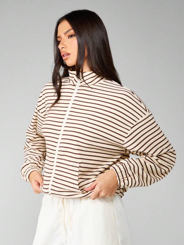 MISSGUIDED Full Zip Mock Neck Striped Fleece Sweatshirt With Elastic Cuffs