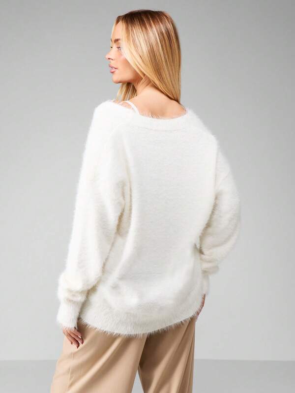 MISSGUIDED Fuzzy Button Front Cardigan With V Neck