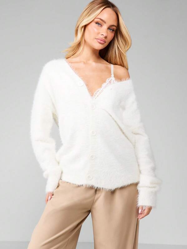 MISSGUIDED Fuzzy Button Front Cardigan With V Neck
