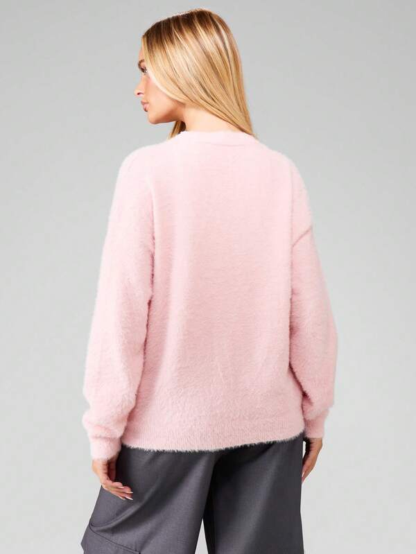 MISSGUIDED Fuzzy Button Front V-Neck Cardigan