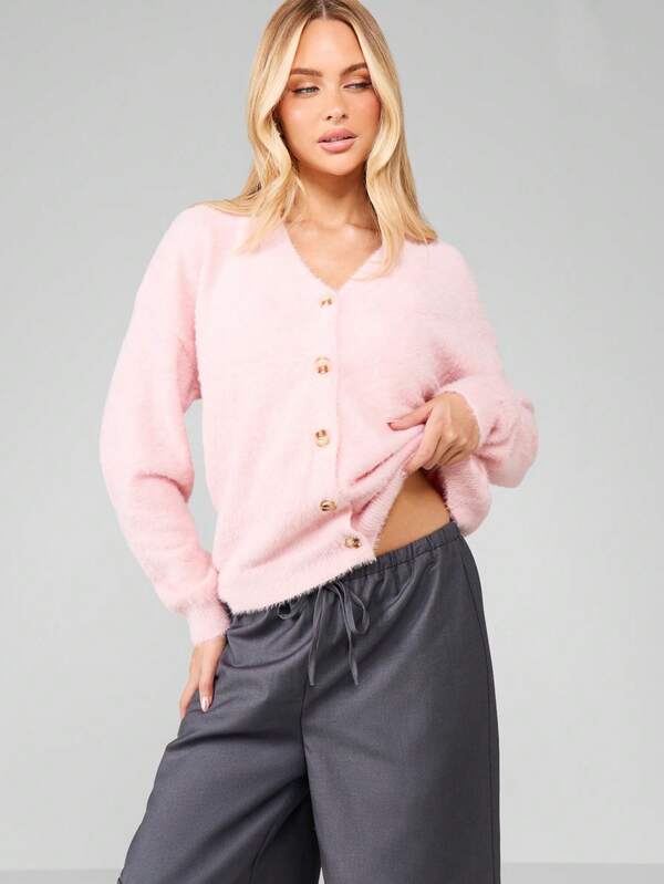 MISSGUIDED Fuzzy Button Front V-Neck Cardigan