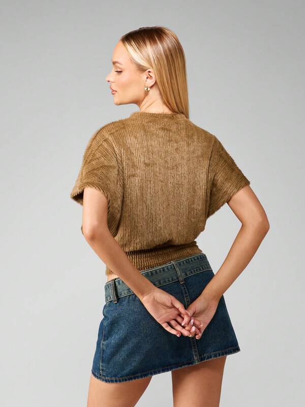 MISSGUIDED Fuzzy Crop Sweater With Cinched Waist And Mock Neck