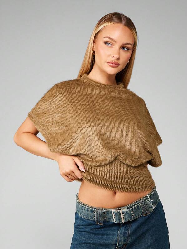 MISSGUIDED Fuzzy Crop Sweater With Cinched Waist And Mock Neck