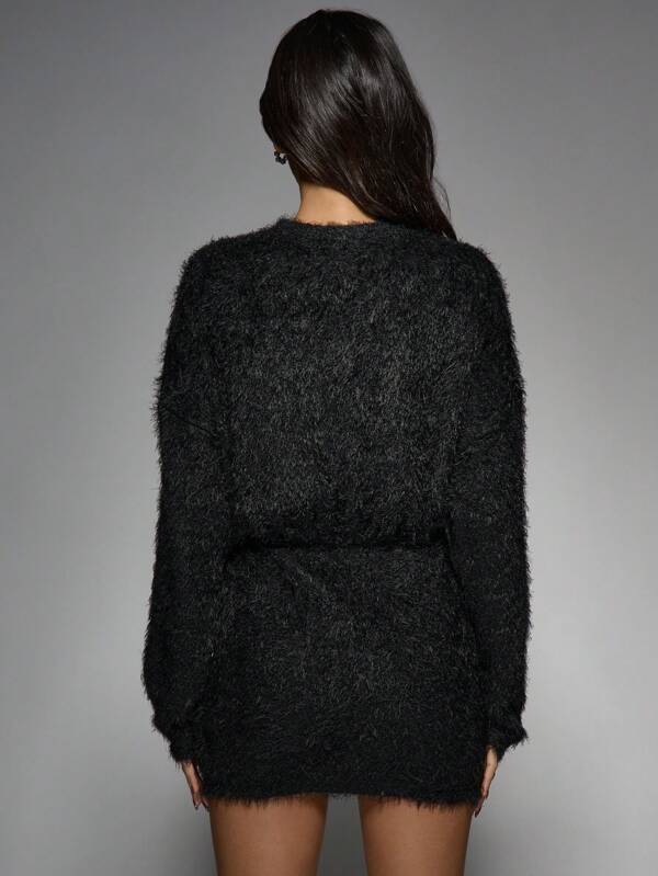 MISSGUIDED Fuzzy Knit Batwing Sleeve Mini Dress With Studded Belt