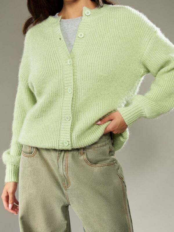 MISSGUIDED Fuzzy Knit Button Up Cardigan With Ribbed Trim