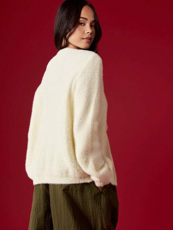MISSGUIDED Fuzzy Knit Cardigan With Front Tie And Balloon Sleeves