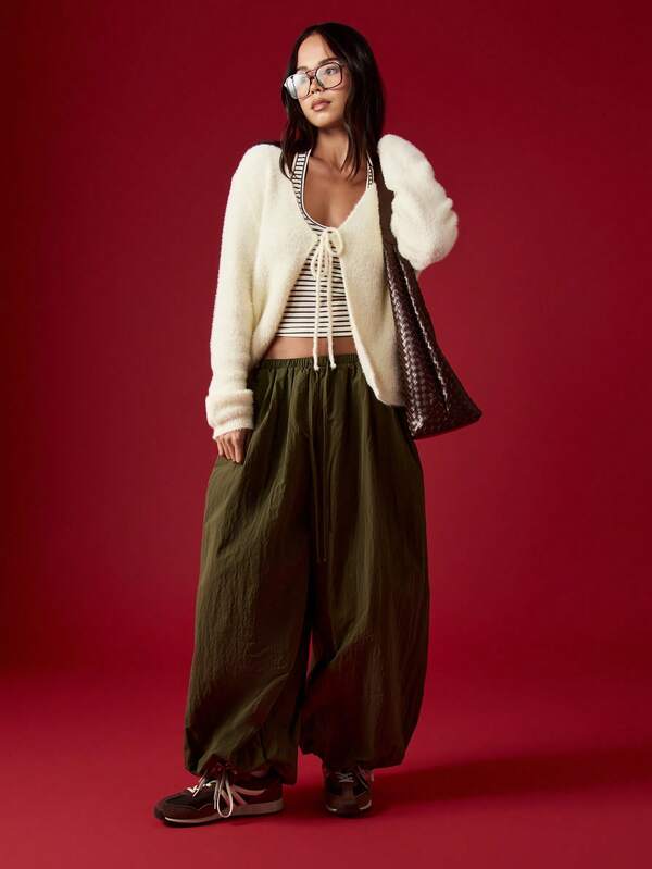 MISSGUIDED Fuzzy Knit Cardigan With Front Tie And Balloon Sleeves