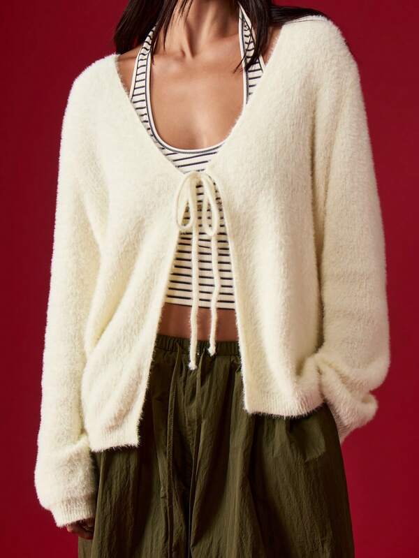 MISSGUIDED Fuzzy Knit Cardigan With Front Tie And Balloon Sleeves