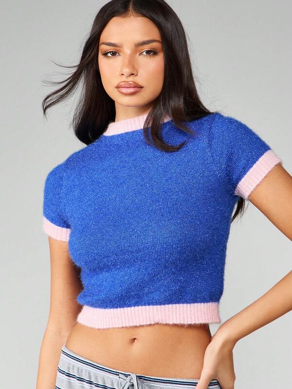 MISSGUIDED Fuzzy Knit Crop Sweater With Contrast Trim
