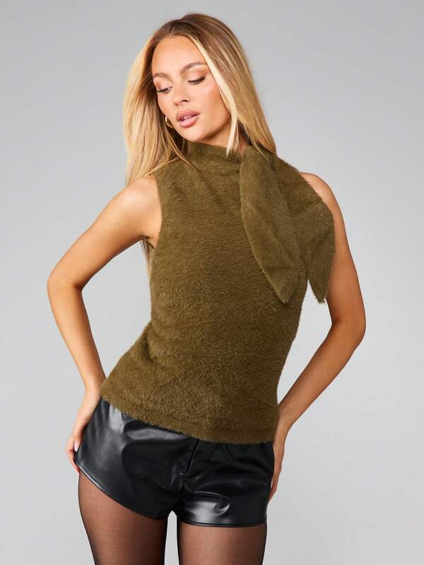 MISSGUIDED Fuzzy Knit Tank With Scarf Neckline