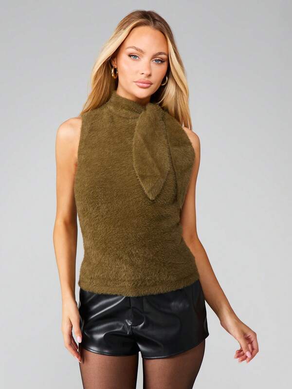 MISSGUIDED Fuzzy Knit Tank With Scarf Neckline