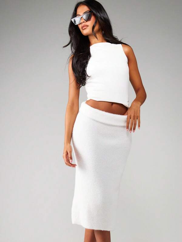 MISSGUIDED Fuzzy Ribbed Knit Midi Pencil Skirt