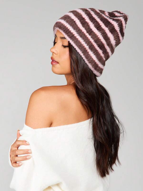MISSGUIDED Fuzzy Striped Knit Beanie Hat