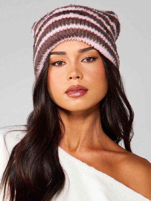 MISSGUIDED Fuzzy Striped Knit Beanie Hat