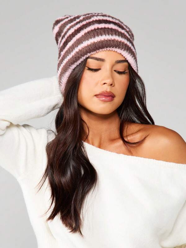 MISSGUIDED Fuzzy Striped Knit Beanie Hat