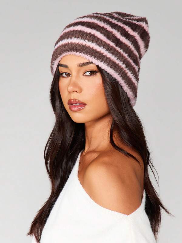 MISSGUIDED Fuzzy Striped Knit Beanie Hat