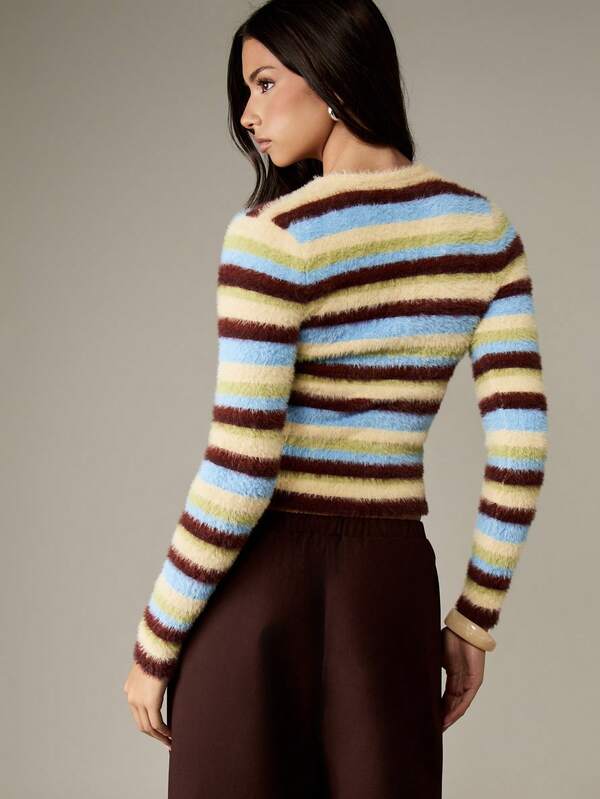 MISSGUIDED Fuzzy Striped Knit Cardigan With Button Closure