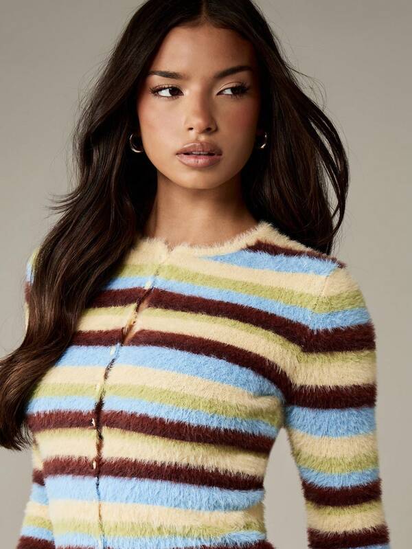 MISSGUIDED Fuzzy Striped Knit Cardigan With Button Closure