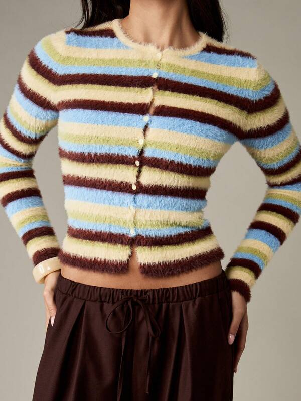 MISSGUIDED Fuzzy Striped Knit Cardigan With Button Closure