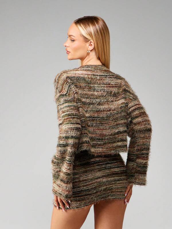 MISSGUIDED Fuzzy Striped Knit Cardigan With Mini Skirt Set