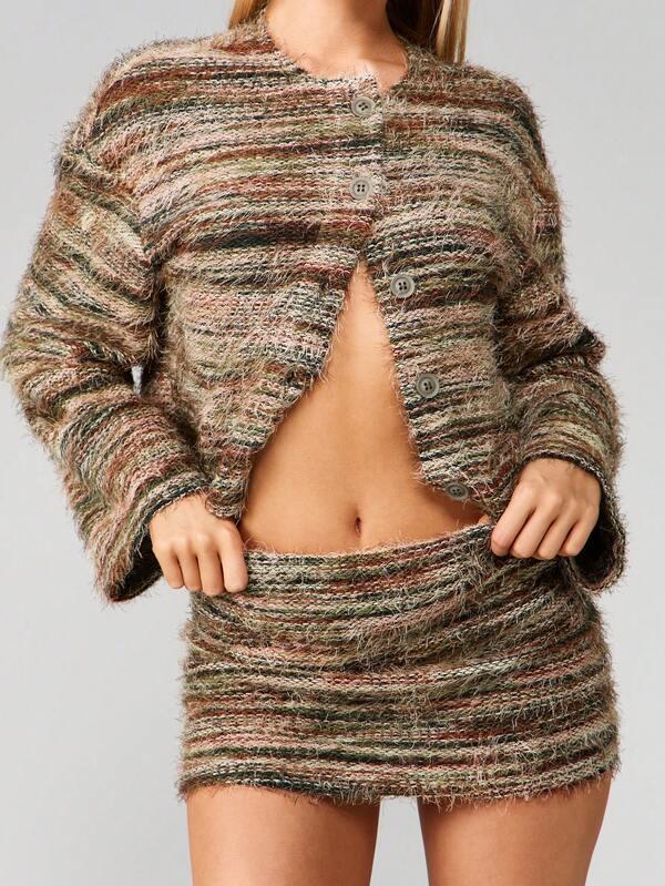 MISSGUIDED Fuzzy Striped Knit Cardigan With Mini Skirt Set