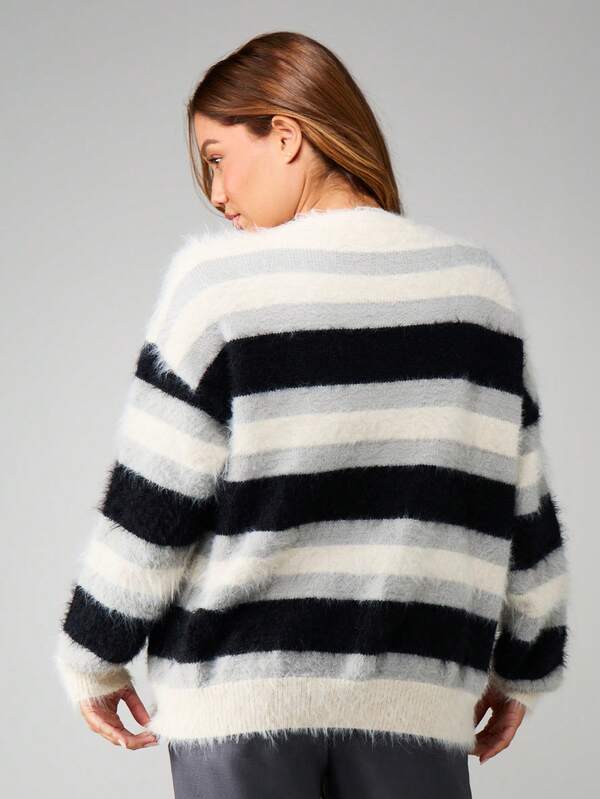 MISSGUIDED Fuzzy Striped Open Front Cardigan