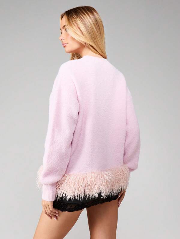 MISSGUIDED Fuzzy Sweater With Feather Trim