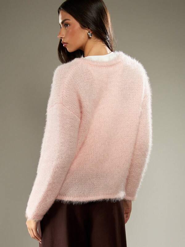 MISSGUIDED Fuzzy V Neck Button Front Cardigan With Soft Knit Texture
