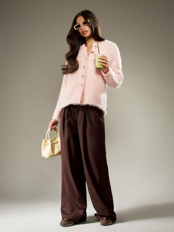 MISSGUIDED Fuzzy V Neck Button Front Cardigan With Soft Knit Texture