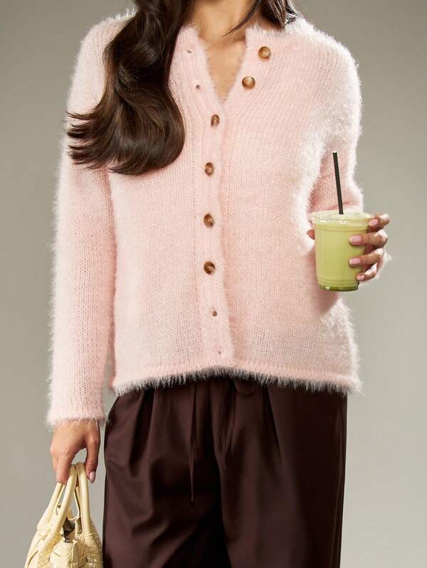 MISSGUIDED Fuzzy V Neck Button Front Cardigan With Soft Knit Texture