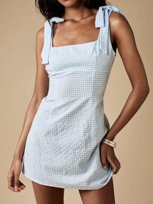 MISSGUIDED Gingham Bow Shoulder Square Neck Mini Dress