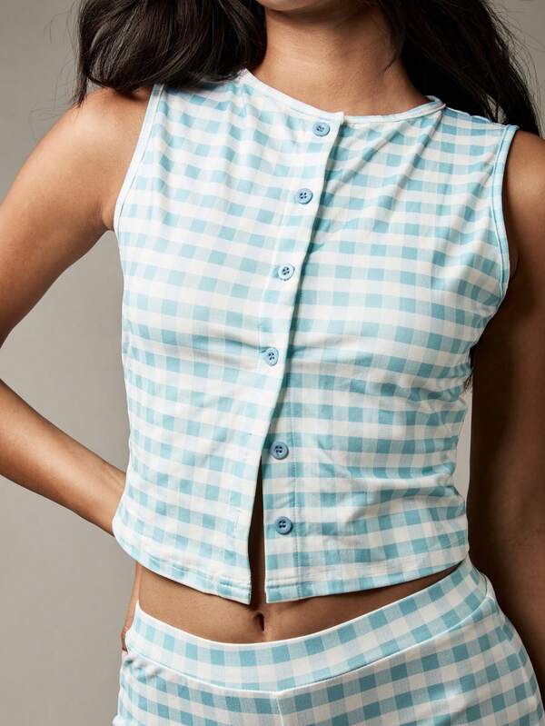 MISSGUIDED Gingham Check Co Ord Set With Button Front Top And Shorts