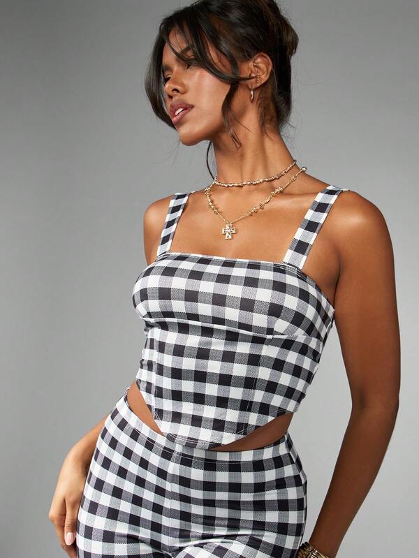 MISSGUIDED Gingham Check Sleeveless Crop Top High Waist Capri Pants Two Piece Set