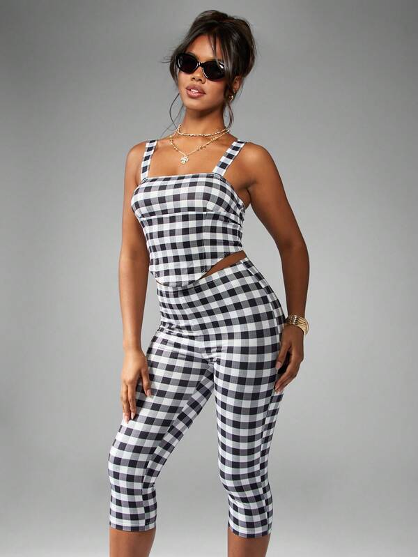 MISSGUIDED Gingham Check Sleeveless Crop Top High Waist Capri Pants Two Piece Set