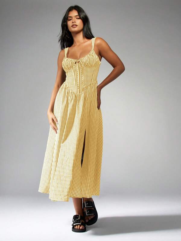 MISSGUIDED Gingham Corset Midi Dress With Slit