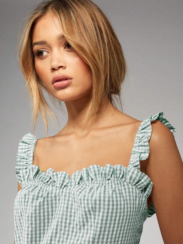 MISSGUIDED Gingham Ruffle Strap Square Neck Cottage Core Mini Dress
