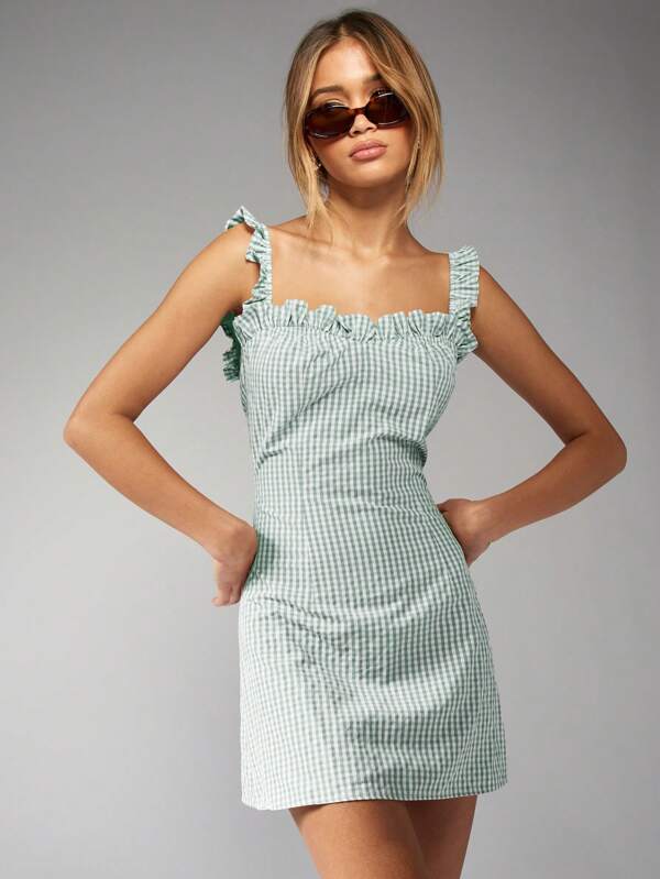 MISSGUIDED Gingham Ruffle Strap Square Neck Cottage Core Mini Dress