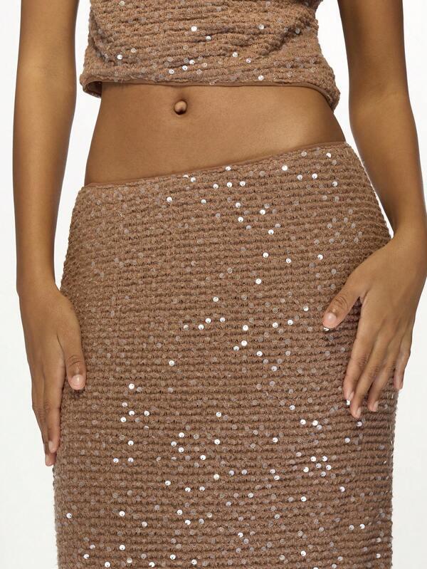 MISSGUIDED Glitter Sequined Textured Sleeveless Two-Piece Outfit Crop Top Maxi Skirt