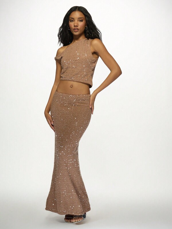 MISSGUIDED Glitter Sequined Textured Sleeveless Two-Piece Outfit Crop Top Maxi Skirt