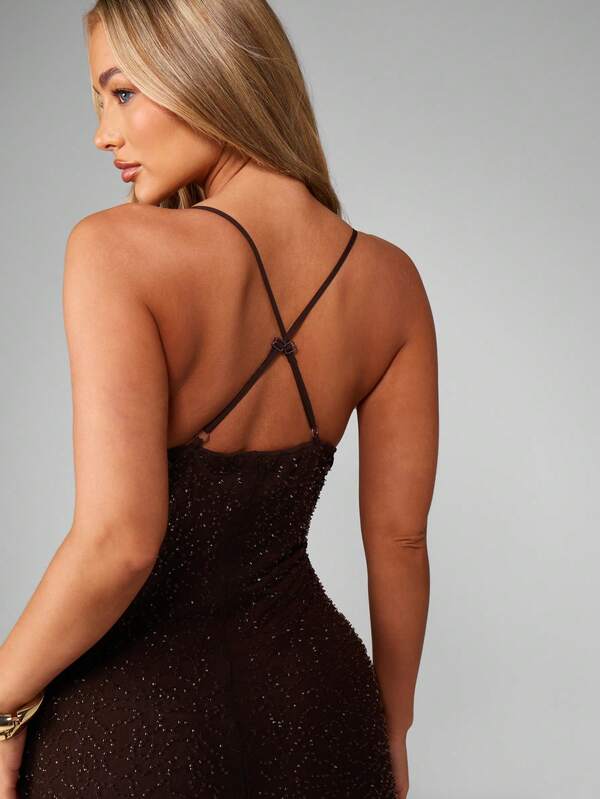 MISSGUIDED Glittering Cowl Neck Maxi Gown With Spaghetti Straps