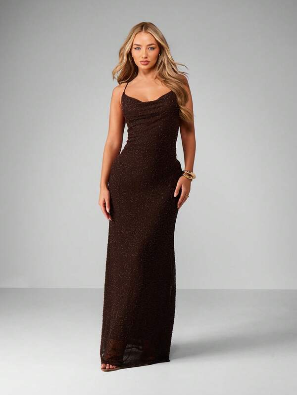 MISSGUIDED Glittering Cowl Neck Maxi Gown With Spaghetti Straps