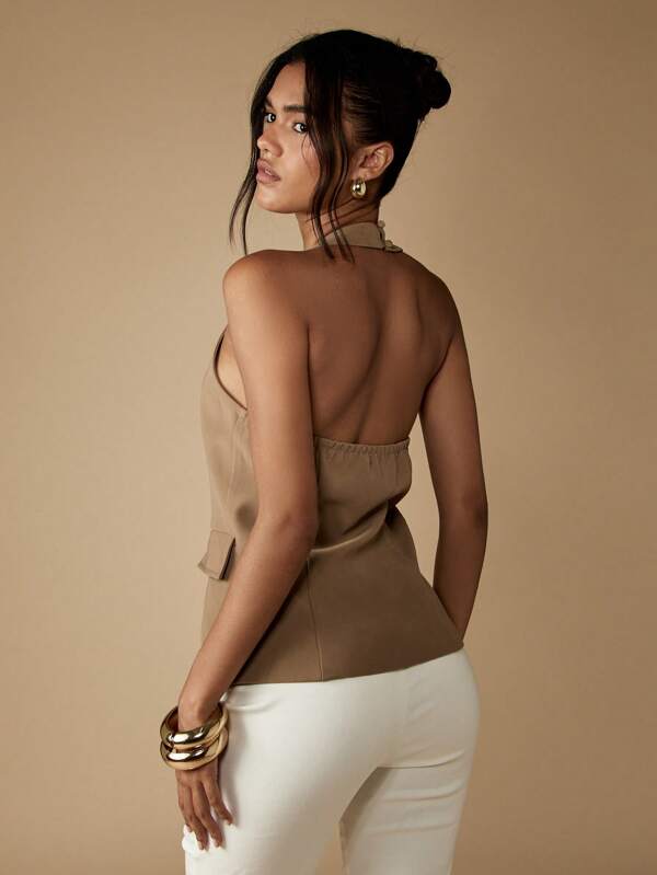 MISSGUIDED Gold Button Detail Halter Neck Waistcoat With Flap Pockets